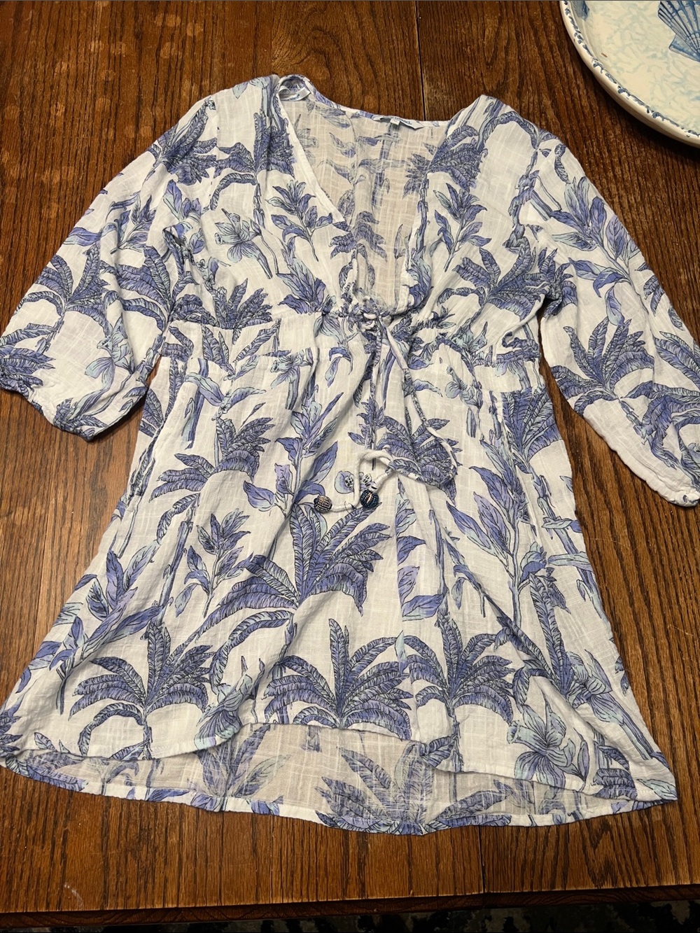 Blue Island White and Blue Botanical Tie-Front Beach Coverup Dress